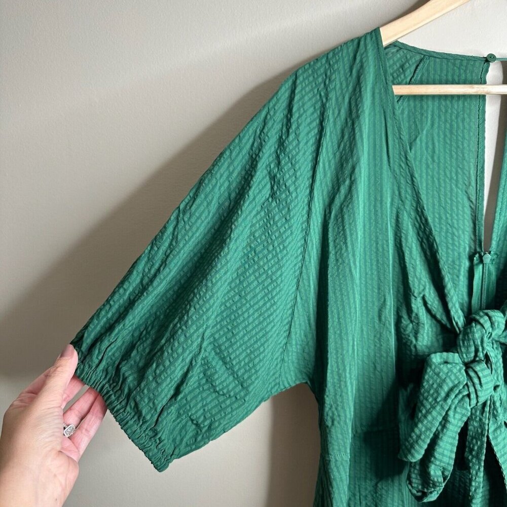 Mango MNG Midi Dress Womens XL Green Striped Boho Puff Sleeve Twist Wrap Tie - Picture 5 of 14